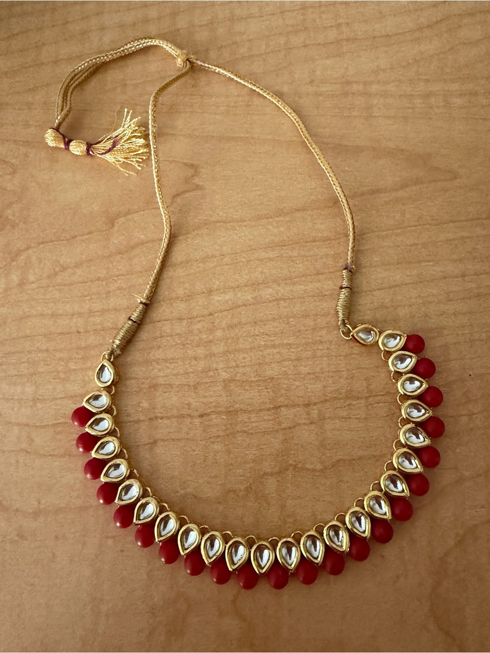 Gold-Tone Kundan Necklace with Red Green and clear Teardrop Beads, earrings too